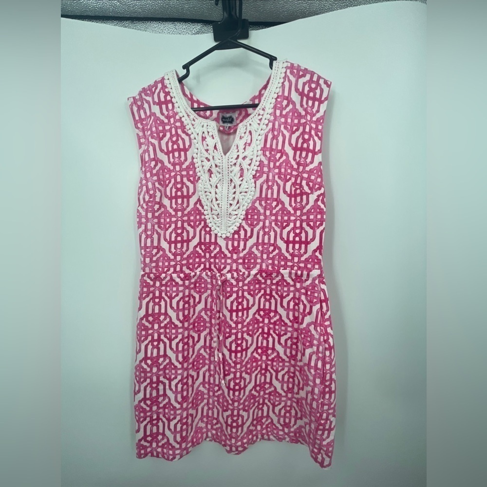 Mud Pie Boutique Sz M Pink White “Millie” Lattice Dress French Terry Lined - Picture 2 of 8